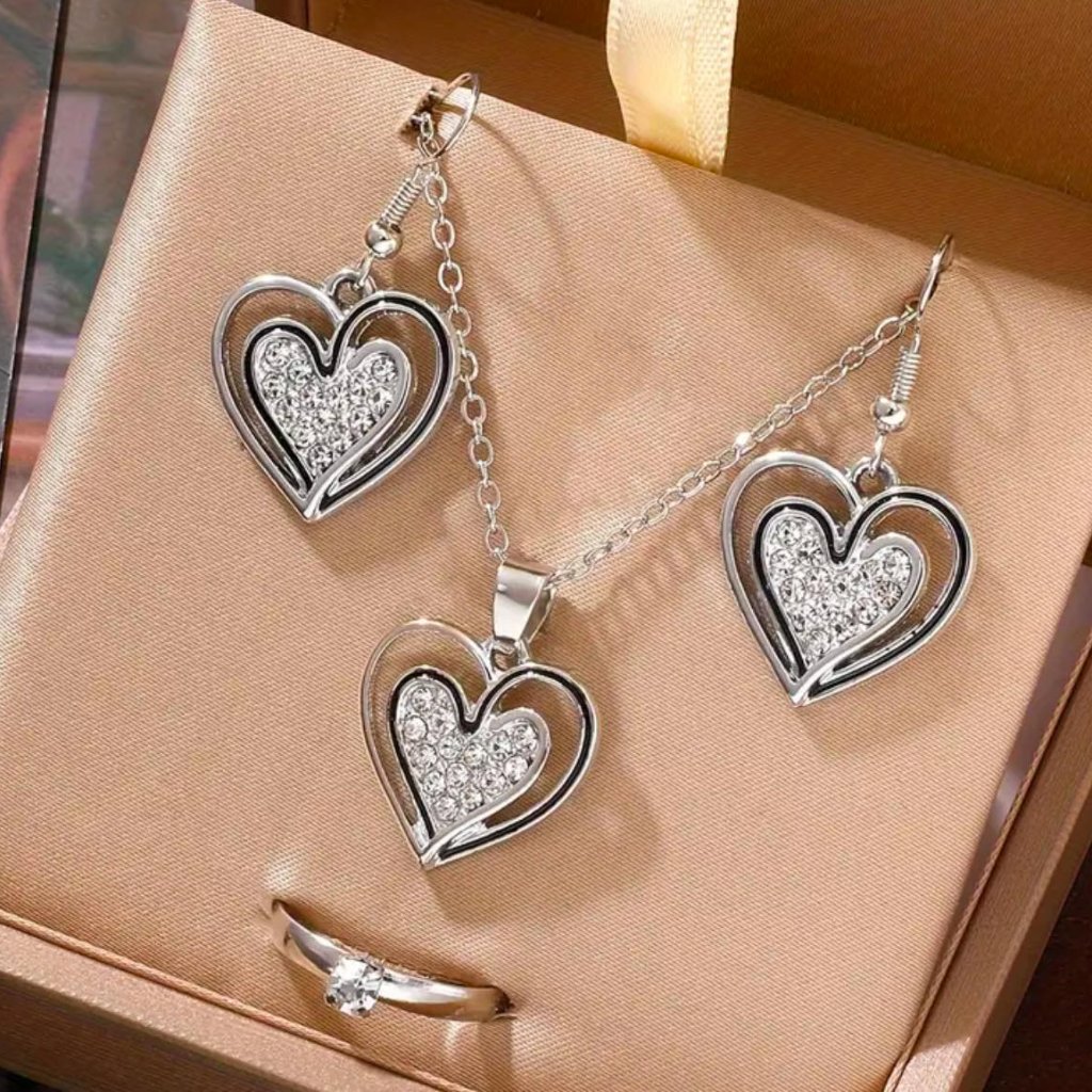 Brand New 4pc Silver Hearts Necklace Earring  Adjustable Ring Set